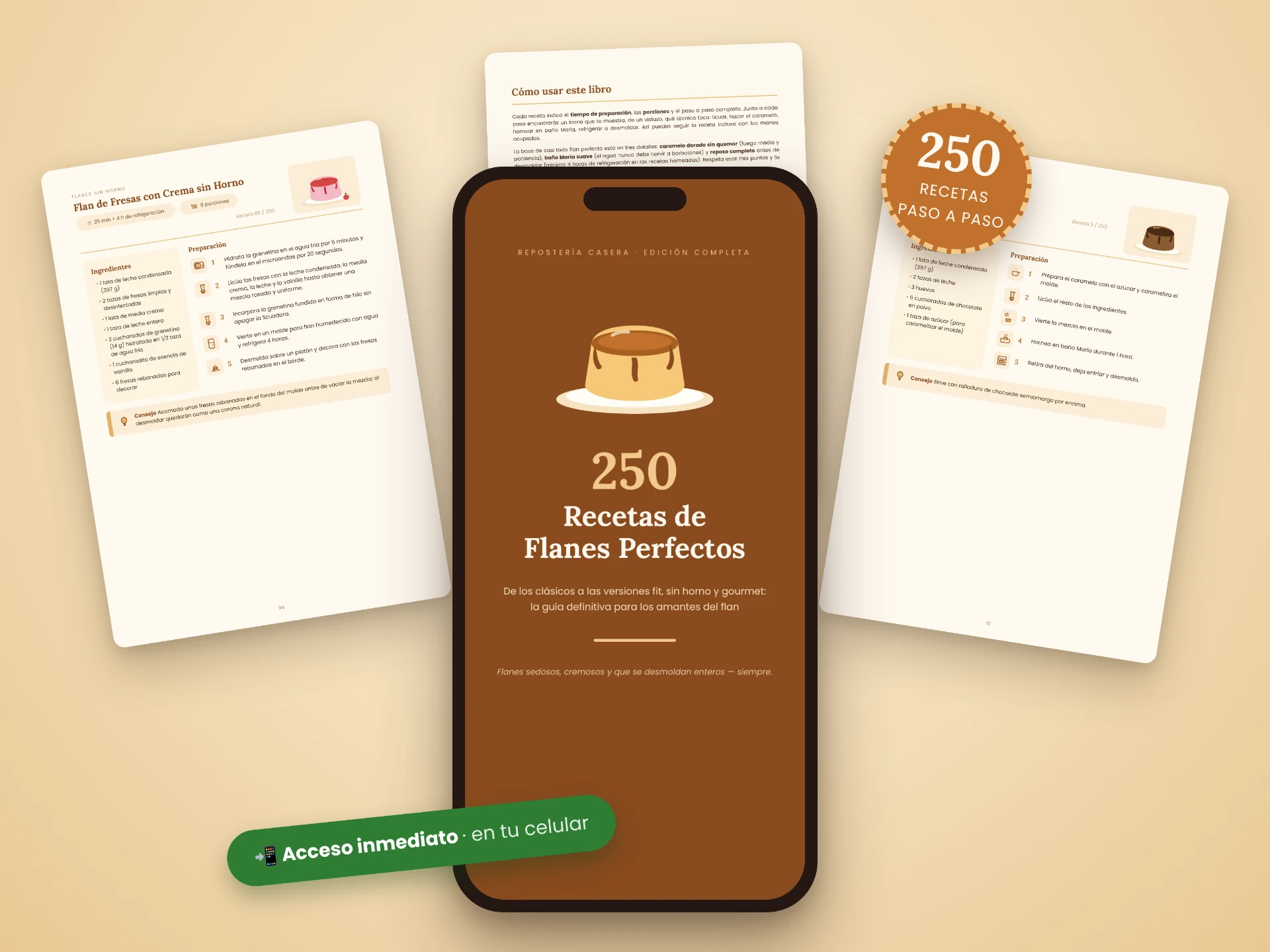 Vista del material de recetas de flanes en celular y páginas internas
