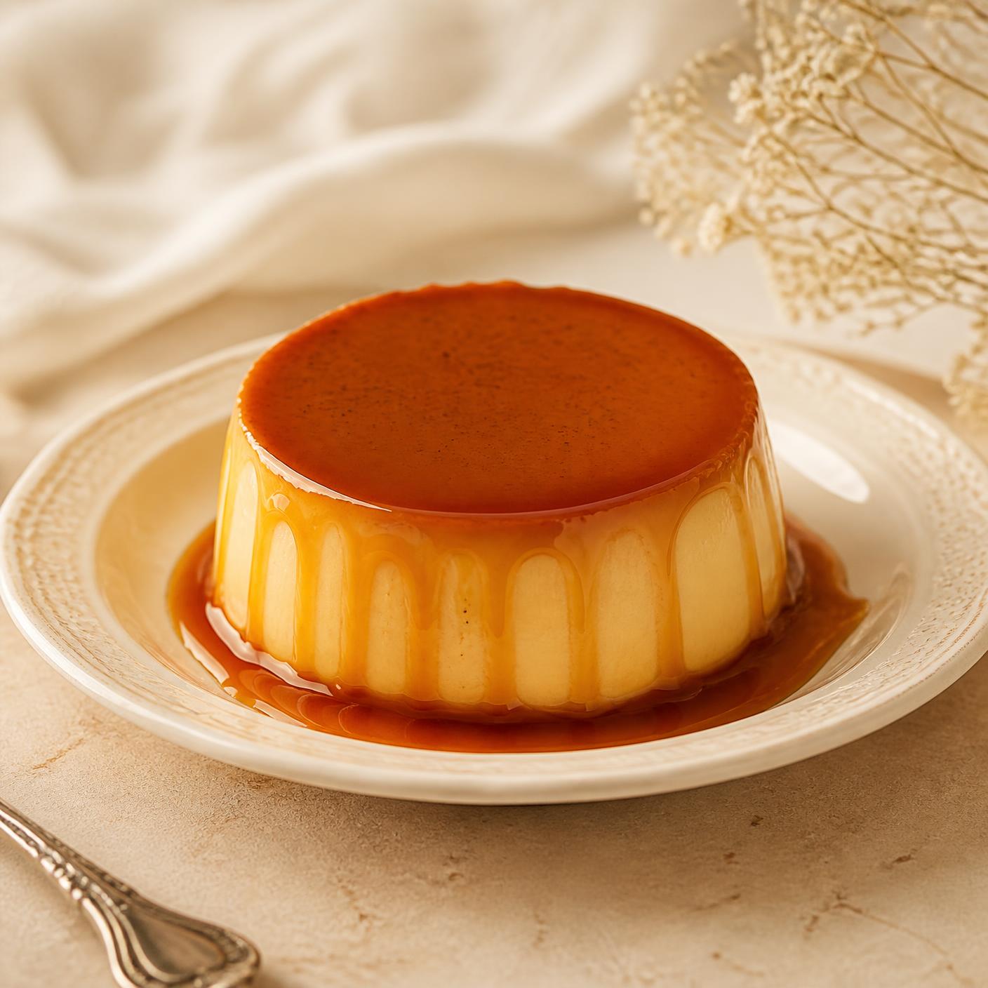 Flan cremoso de caramelo servido en un plato de cerámica marfil